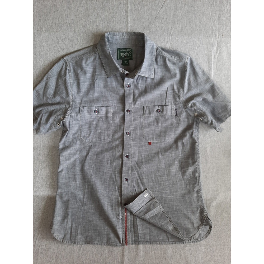 Woolrich Men Large Cotton Gray Utility Western Short Sleeve Button Down Shirt